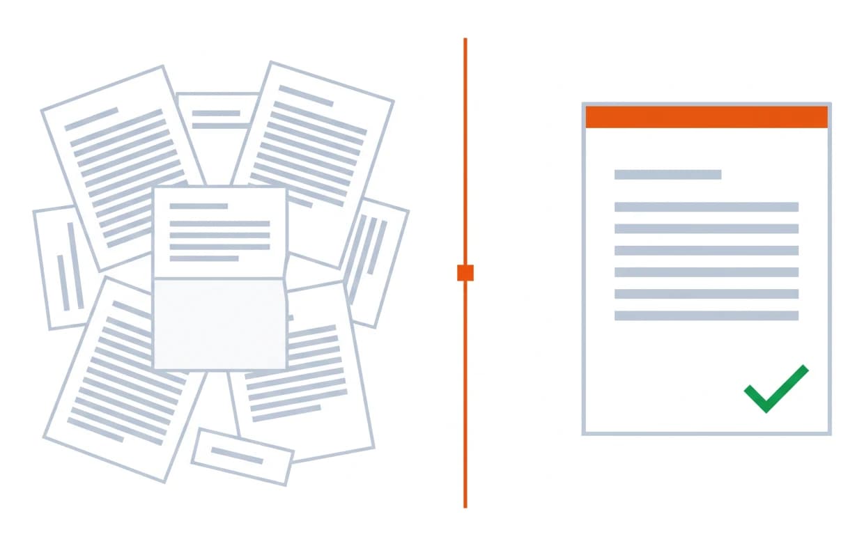 A scattered pile of mixed property documents on one side, resolving into a single ordered report on the other.